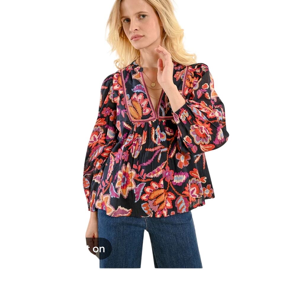 Molly Bracken Black Floral Balloon-Sleeve Peasant Blouse